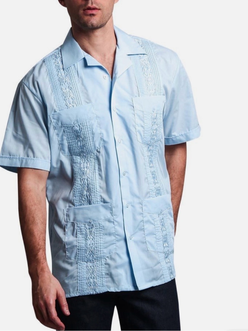 Omega Light Blue Short-Sleeve Embroidered Guayabera Shirt